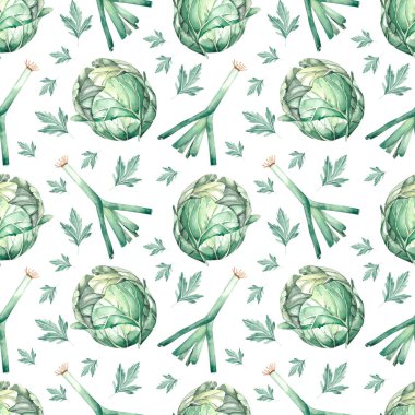 Yeşil sebzeli suluboya desen lahana, yeşil soğan, beyaz sırtlı maydanoz.