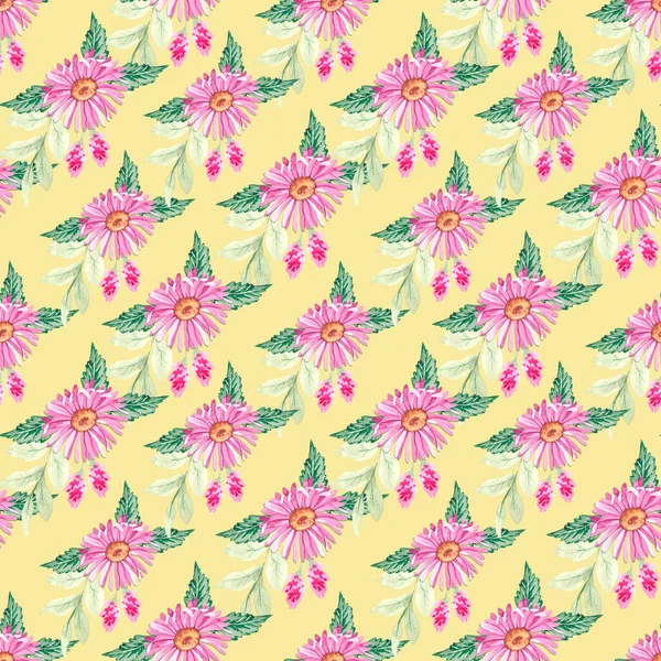 秋のピンクの菊とスクラップブッキング ファブリック 壁紙や製品デザインのためのアスター花とシームレスなパターン — ストック写真