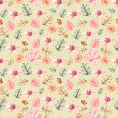 Tekstil, ambalaj kağıdı, hurda ve ürün tasarımında kullanılmak üzere sonbahar yaprakları, dallar ve çiçeklerle kusursuz suluboya deseni