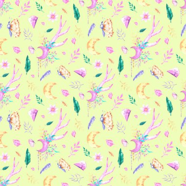 Koleksiyon defteri, duvar kağıdı, tekstil ve ürün tasarımında kullanılacak kristaller, ay ve çiçeklerle kusursuz boho deseni