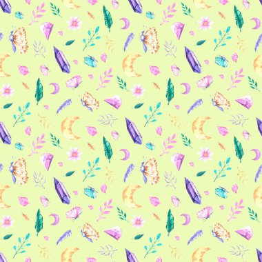 Koleksiyon defteri, duvar kağıdı, tekstil ve ürün tasarımında kullanılacak kristaller, ay ve çiçeklerle kusursuz boho deseni