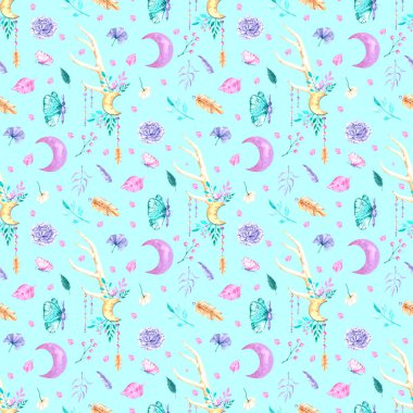 Koleksiyon defteri, duvar kağıdı, tekstil ve ürün tasarımında kullanılacak kristaller, ay ve çiçeklerle kusursuz boho deseni