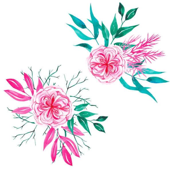 用牡丹玫瑰 松针和小枝手绘水彩画圣诞花束进行产品设计 — 图库照片