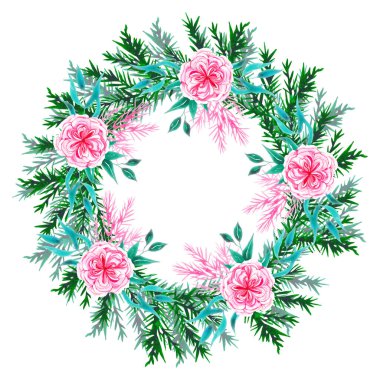 Elle boyanmış Noel çelengi şakayık gülleri, çam iğneleri ve ürün tasarımı için altın dallar