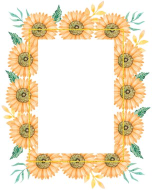 Davetiye, tebrik kartı ve ürün tasarımı için beyaz zemin üzerinde suluboya ayçiçekleri olan altın çerçeve