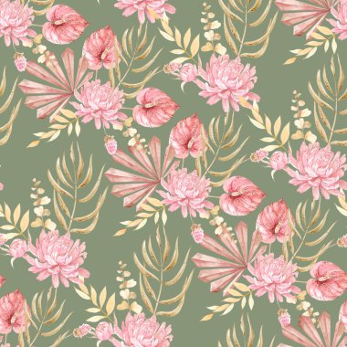 Duvar kâğıdı, kumaş, hatıra defteri kağıdı, ambalaj kağıdı ve daha fazlası için elle çizilmiş tropik çiçek ve yapraklarla klasik desen