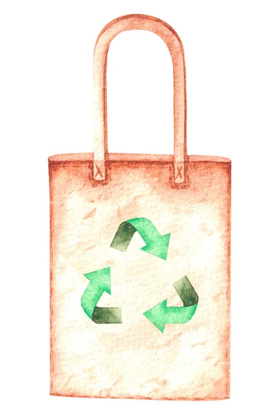 Aquarell Umhängetasche Mit Recycling Logo Auf Weißem Hintergrund Für Naturdesign — Stockfoto