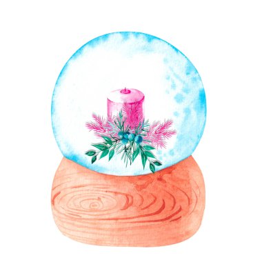 Ürün tasarımı için beyaz zemin üzerinde mum ve ardıç kompozisyonu ile suluboya cam kar topu