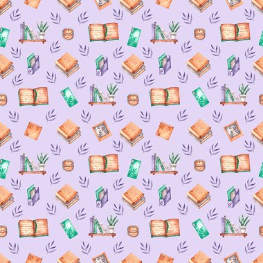 Ofis eşyalarıyla suluboya mor desen akıllı telefon, klasörler, fotoğraf kitapları, kitaplarla dolu raf, ürün tasarımı için ev bitkileri