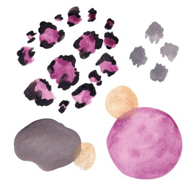 Altın, siyah, gri ve mor renkli soyut suluboya noktaları ürün tasarımı için.