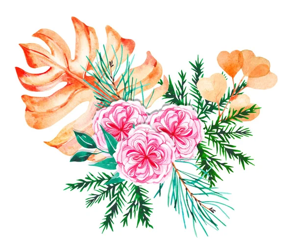 为圣诞及新年产品设计的水彩花 背景为白色 带有紫红色 牡丹状玫瑰及松针 — 图库照片
