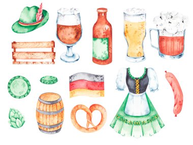 Ürün tasarımında kullanılmak üzere Ekim Festivali sembolleriyle suluboya seti