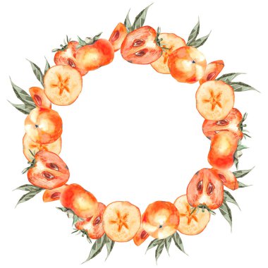 Hurma ağacından yapılmış suluboya çerçeve ve ürün tasarımı için beyaz arkaplan üzerinde yapraklar