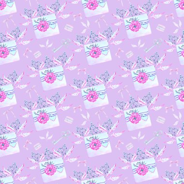 Festival ürünlerinin tasarımı için zarflar, anahtarlar, kilitler, bitkiler içeren suluboya deseni