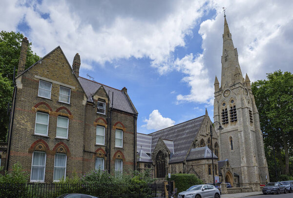 London - 06 28 2022: View of Collingham Road and the Anglican Church in HTB Courtfield Gardens (St. Jude's)