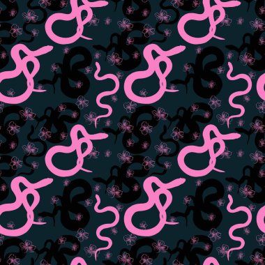 Yılanlar ve pembe çiçeklerle kusursuz bir arka plan.