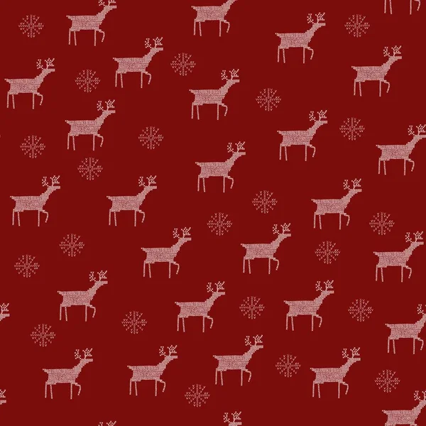 Knit christmas pattern with deer, snowflake on red background — Stock Photo, Image