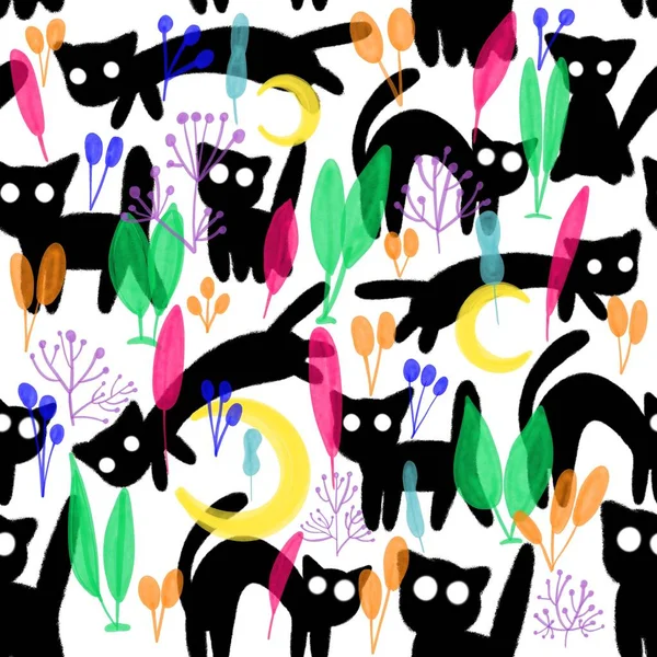 Funny cartoon cats on plats. Seamless pattern