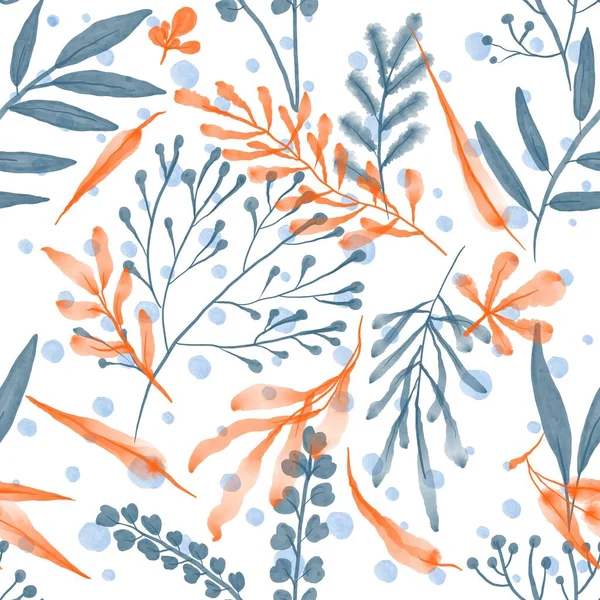 Seamless autumn pattern with hand drawn watercolor leaves and twigs