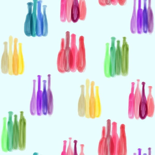 Nahtloses Muster mit von Hand gezeichneten leuchtend farbigen Aquarell-Weinflaschen — Stockfoto