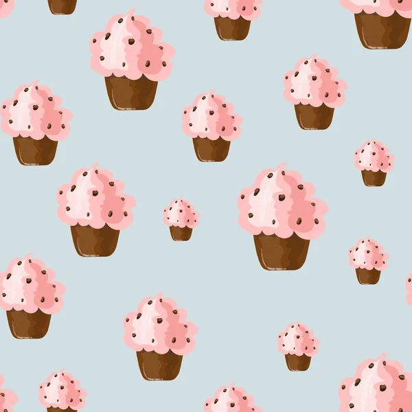 Sömlös trend mönster med anbud cupcakes på blå naken bakgrund — Stockfoto