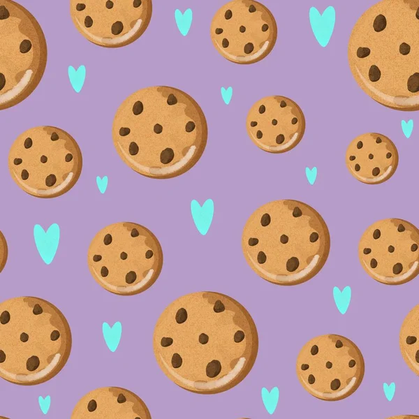Sömlös mönster med havregryn cookies och hjärtan på en fiolet bakgrund — Stockfoto