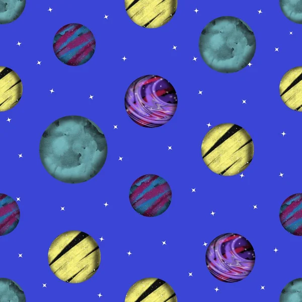 Space seamless pattern with planets and stars. Bright texture for kids.