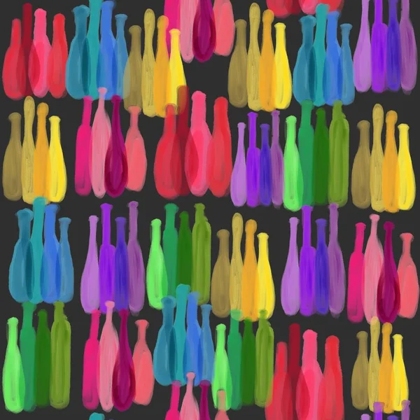 Bottle silhouette, bright seamless pattern with multicolored wine bottles. — Stok Foto