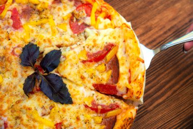 Peynirli, öğle ya da akşam yemeğinde dilimlenmiş sıcak pizza, kabuklu et sosu. Çan biberi ve sebzelerle lezzetli fast food İtalyan geleneksel ahşap masa üstü manzaralı