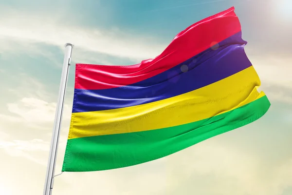 Mauritius National Flag Waving Beautiful Clouds — Stock Photo, Image