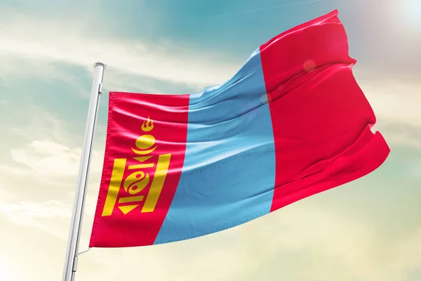 Mongolia National Flag Waving Beautiful Clouds — Stock Photo, Image