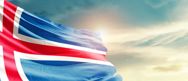 Iceland National Flag Waving Beautiful Clouds — Stock Photo, Image