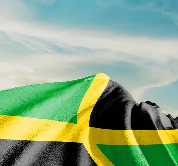 Jamaica National Flag Waving Beautiful Clouds — Stock Photo, Image