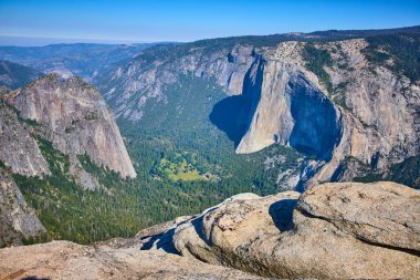 El Capitan 'ın granit kayalıkları Yosemite Ulusal Parkı' ndaki Taft Point 'ten görülen gür orman vadisinin üzerinde yükseliyor ve berrak mavi gökyüzü altında ilham verici ve görkemli bir manzara yaratıyor..