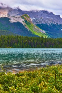 Sakin göl suyu, sık ve yeşil bir ormanı ve engebeli dağları yansıtır. Jasper Kanada 'da Moose Gölü ve Maligne Gölü yakınlarında bulutlu gökyüzünün altında..