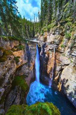 Güçlü bir şelale, Banff Canada 'daki Johnston Kanyonu' nda parlak bir gökyüzü altında engebeli kayalar ve yemyeşil ormanlarla çevrili derin mavi bir havuza dökülür dramatik bir manzara yaratır..