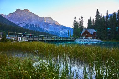 Yoho Kanada 'daki Emerald Gölü' nde sakin bir manzara. Dağlarla çevrili ahşap bir kulübe, berrak bir su ve yumuşak sabah ışığı altında yemyeşil kamışlarla dolu..