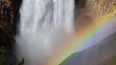Yellowstone Ulusal Parkı Wyoming 'deki engebeli kanyon duvarlarının üzerinde güçlü bir şelale çağlıyor. Güneş ışığı sisin içinde canlı bir gökkuşağı oluştururken sabit çekim zamansız güzelliği yakalar.