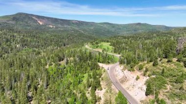 Cedar Highlands Utah 'taki Cedar Kanyon Yolu' nun üzerinden uçan hava uçuşu. Dolambaçlı bir dağ yolu, yoğun bir çam ormanı ve bereketli yeşil tepelerin parlak yaz ışığı manzarası..