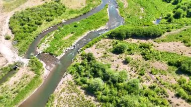 Cokeville Wyoming yakınlarındaki Legion Park 'taki dolambaçlı nehrin üzerinden ve yemyeşil nehir bitkilerinden uçarak geçmek. Güneşli yaz manzarası, doğal manzarayı ve canlı yeşilliği vurgular.