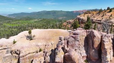 Utah Cedar Highlands 'daki dramatik kayalıklar ve yemyeşil orman üzerinde süzülen hava takibi görüntüsü macera ve doğal güzellik hissi için açık mavi gökyüzü altında geniş bir kanyon manzarası ortaya çıkarıyor..