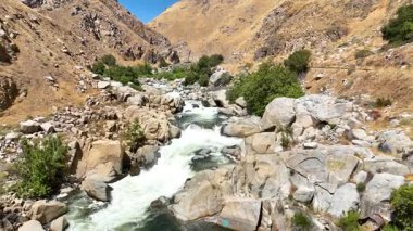 Kern Nehri 'nin üzerinden uçan hava akıntısı engebeli kayalar ve Sequoia Ulusal Ormanı' ndaki güneşli altın tepelerin arasından süzülüyor yemyeşil ağaçlar yemyeşil ve parlak gün ortasında aşağı doğru hareket ediyor..