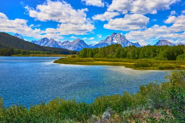 Oxbow Bend 'in canlı mavi suları Wyoming' de parlak bir gökyüzü altında görkemli bir şekilde yükselen Grand Teton sıradağlarıyla yemyeşil ağaçların yanından akıyor..