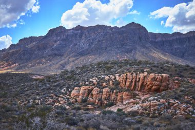 Kızıl kaya oluşumları ve çöl bitki örtüsü Saklı Vadi boyunca uzanır Muddy Dağı Moapa Vadisi Nevada 'da canlı bir gökyüzünün altında yükselir. Sahne, vahşi güzelliği yakalar.