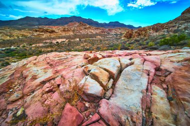 Nevadas Moapa Vadisi 'ndeki Çamurlu Dağ boyunca uzanan engebeli zirveler ve vahşi bitki örtüleri ön planda etkili olurken, sanatsal kumtaşı katmanları ön plana hakim. Manzara parlıyor.