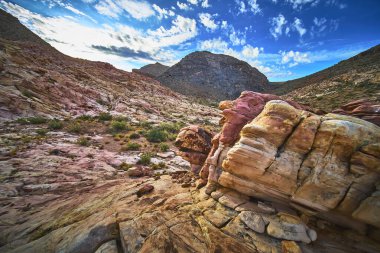 Canlı katmanlı kaya oluşumları Moapa Valley Nevada yakınlarındaki Muddy Mountain arazisine hakim. Parlak çöl bitkileri ve çarpıcı dağ zirveleri Renkli Kaya Taş Ocağı bölgesinde dinamik bir sahne oluşturur..