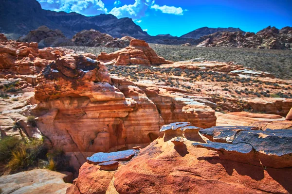 Canlı kızıl kaya oluşumları ve engebeli çöl arazisi Nevadas Çamurlu Dağ Bölgesi 'nin özünü yakalıyor. Güneş ışığı kumtaşı, seyrek bitki örtüsü ve uzak tepeler Moapa 'nın doğal güzelliğini çağrıştırıyor.