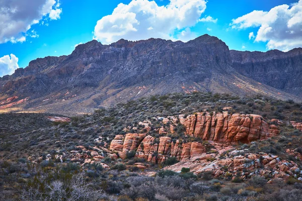 Kızıl kaya oluşumları ve çöl bitki örtüsü Saklı Vadi boyunca uzanır Muddy Dağı Moapa Vadisi Nevada 'da canlı bir gökyüzünün altında yükselir. Sahne, vahşi güzelliği yakalar.