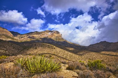Las Vegas Nevada yakınlarındaki Red Rock Kanyonu 'nun yukarısındaki dramatik çöl dağları. Yukka bitkileri ve engebeli araziyle canlı bir gökyüzü altında yükseliyor. Bulutlar Keystone İtme Yolu üzerinde sürükleniyor çarpıcı bir iz oluşturuyor