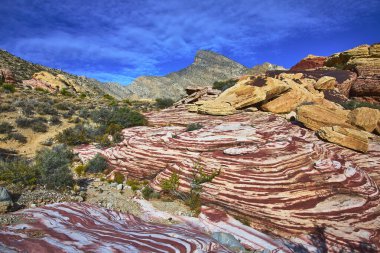Parlak renkli çizgili kumtaşı ve yıpranmış kayalar Nevada 'daki Kızıl Kaya Kanyonu' nda çöl manzarasına hakim olurken Turtlehead Tepesi Las Vegas yakınlarındaki derin mavi gökyüzünün altında yükseliyor..